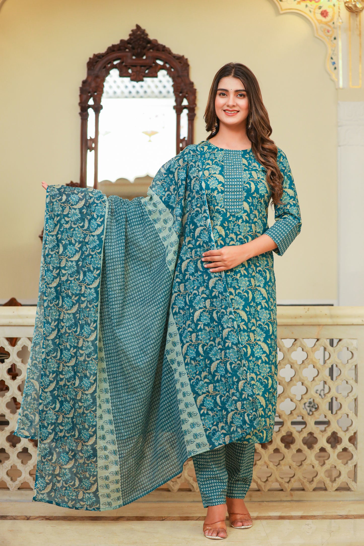 Teal Printed Kurta Set