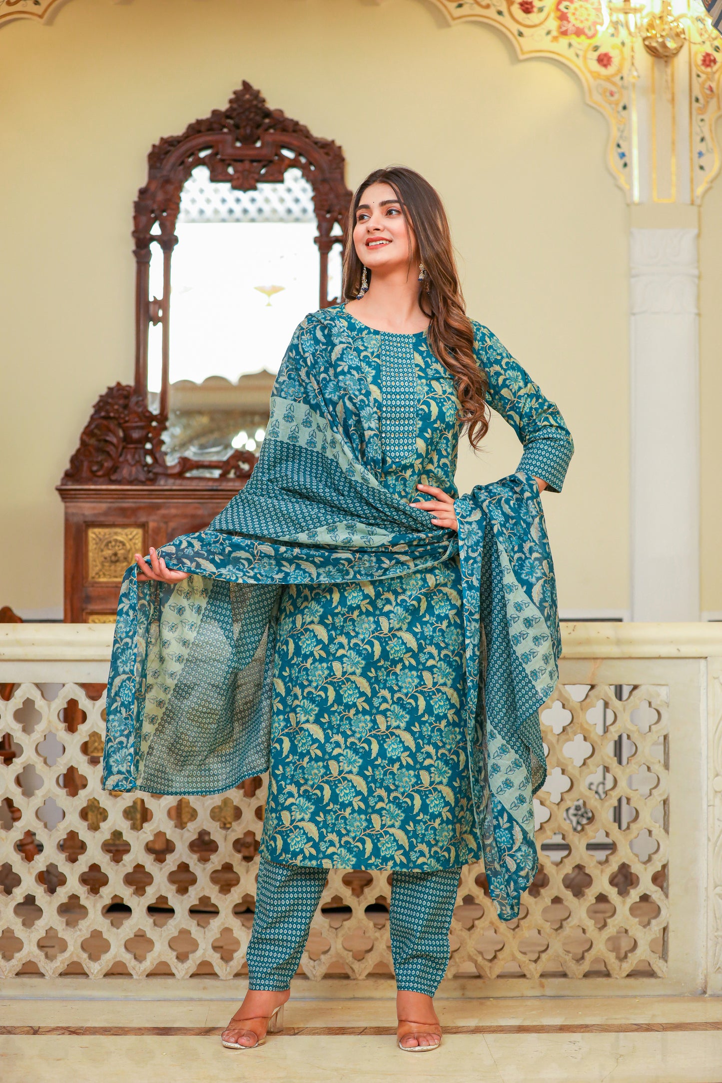 Teal Printed Kurta Set