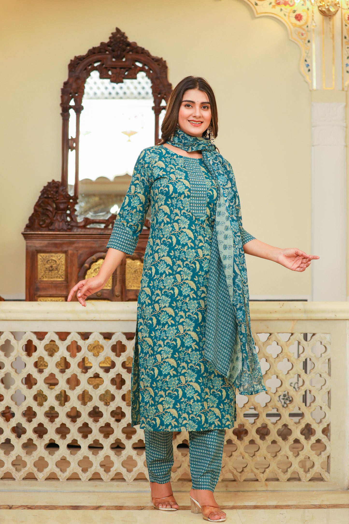 Teal Printed Kurta Set