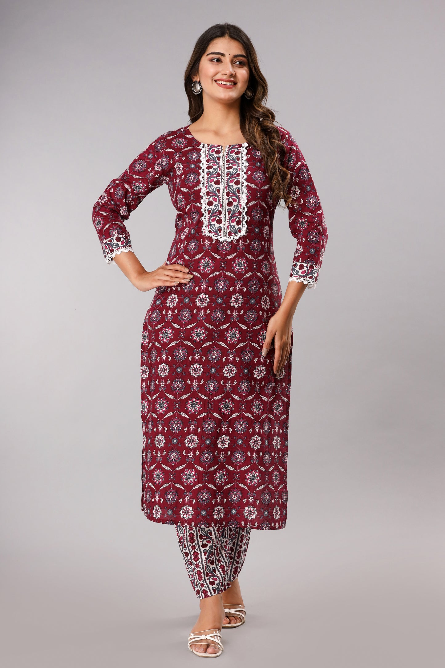 Wine Printed Kurta Set