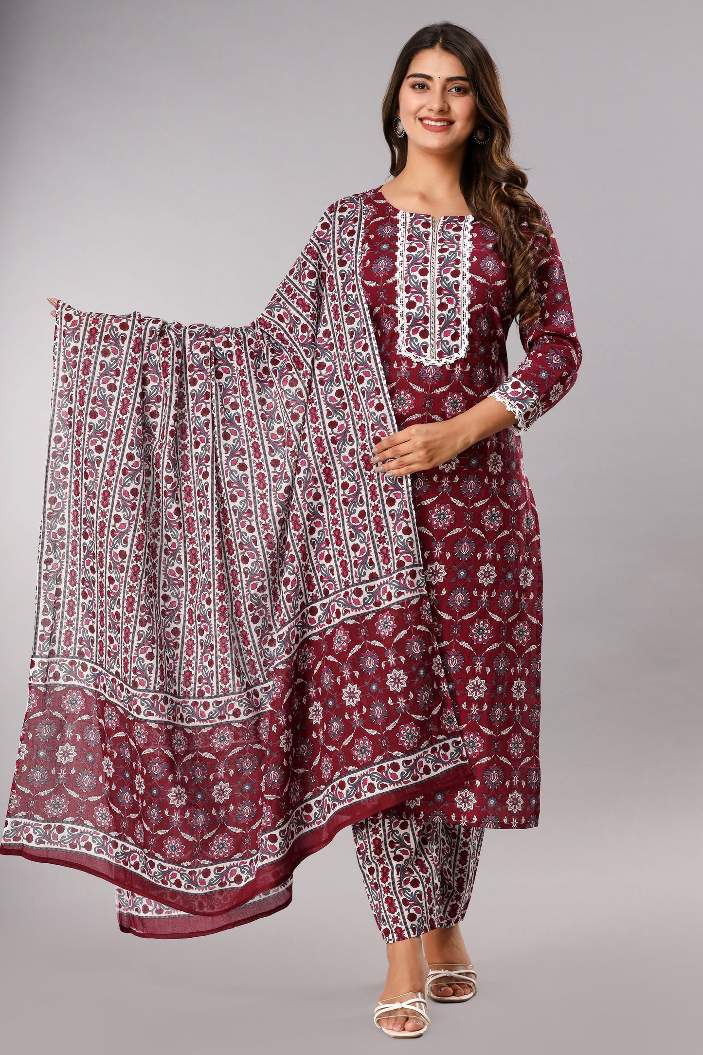 Wine Printed Kurta Set
