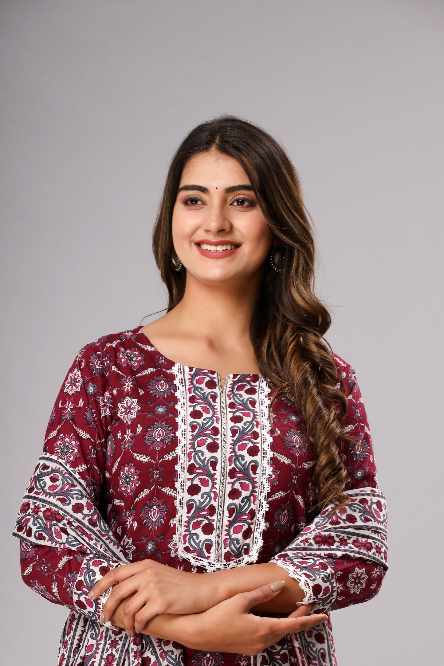Wine Printed Kurta Set
