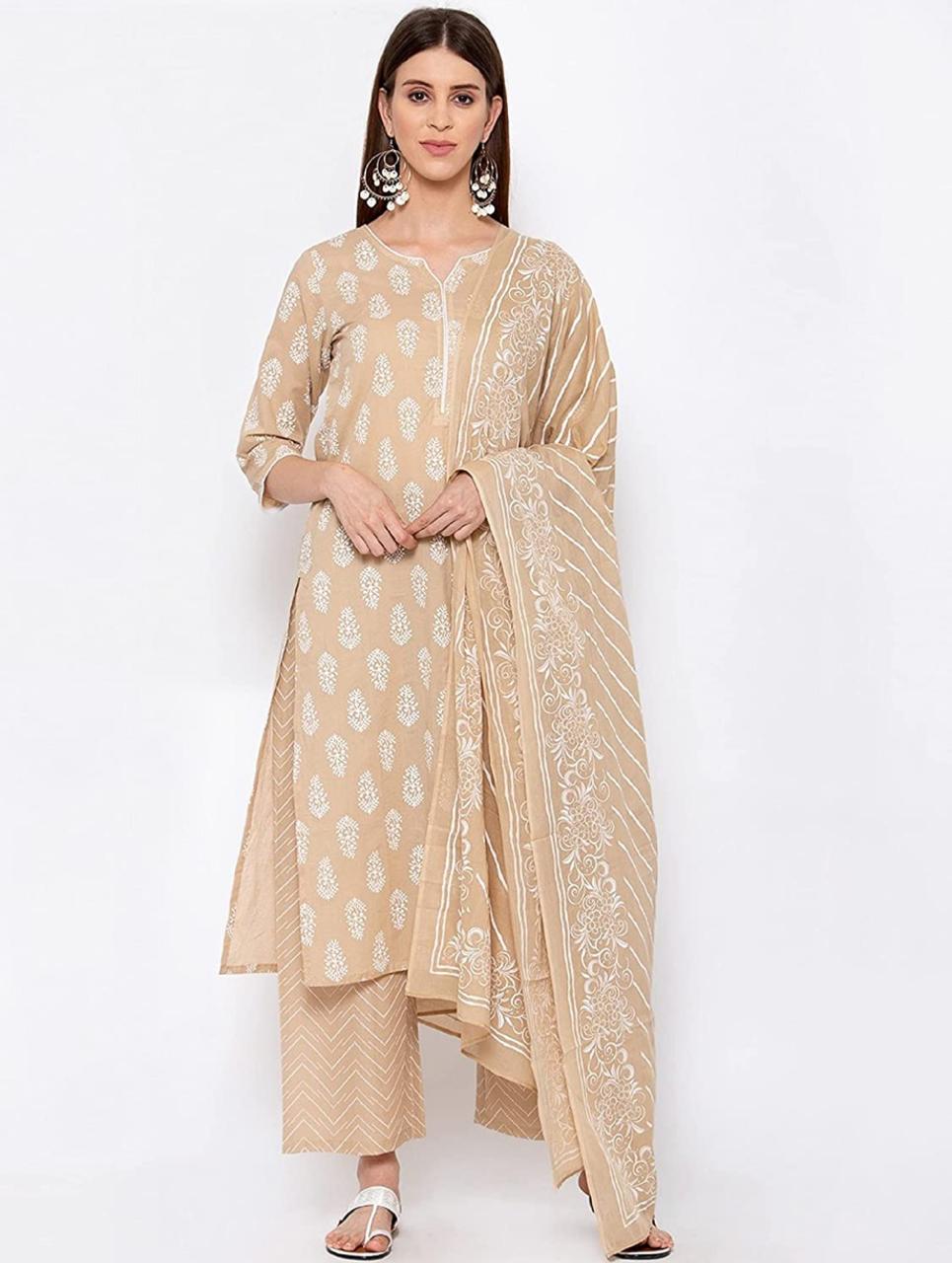 Beige Printed Kurta Set