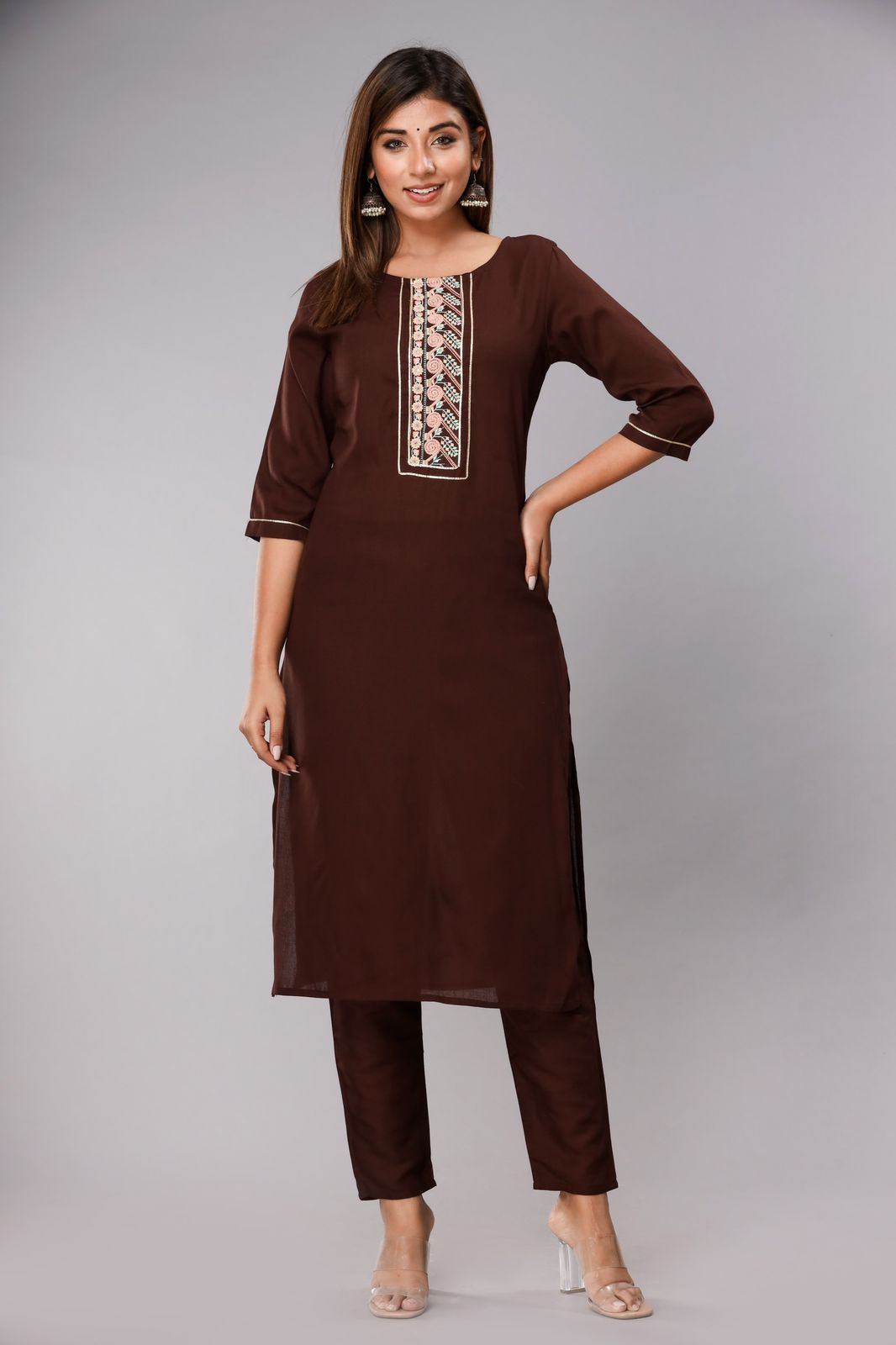 Brown Embroidered Kurta Set