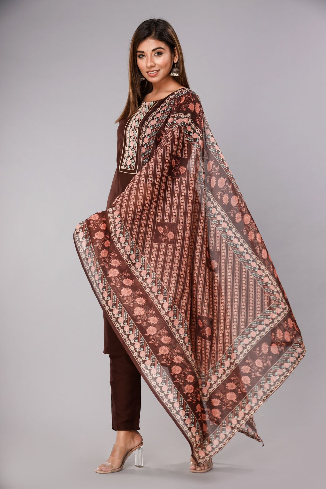 Brown Embroidered Kurta Set