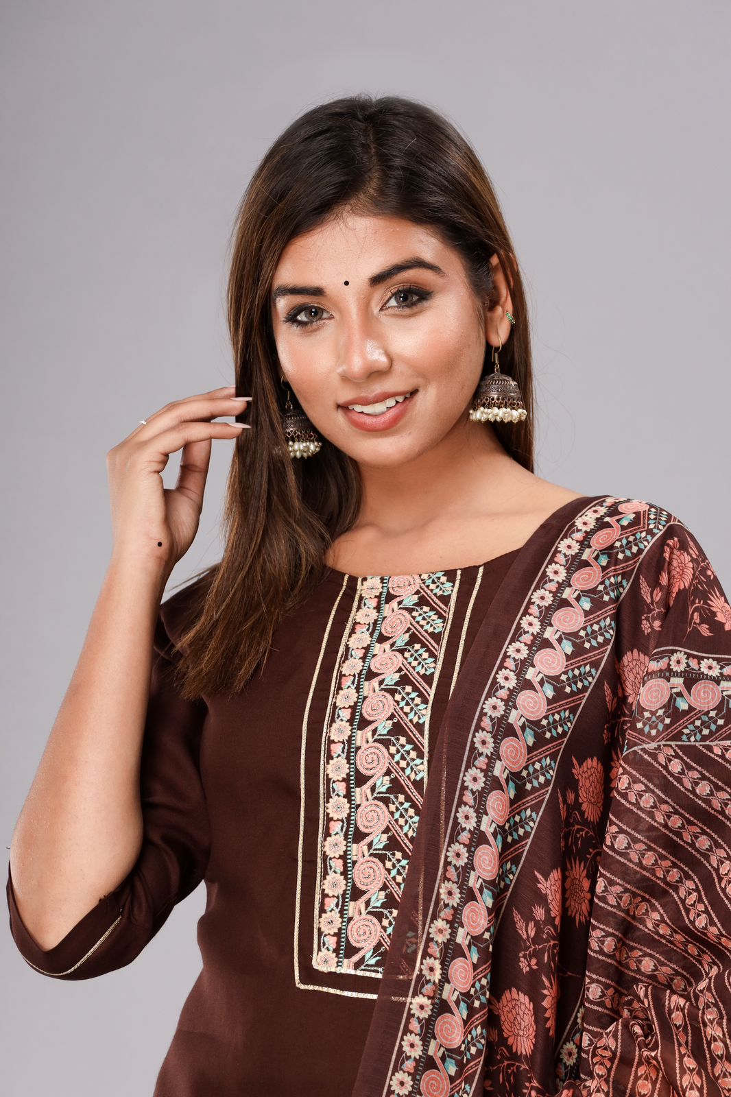 Brown Embroidered Kurta Set