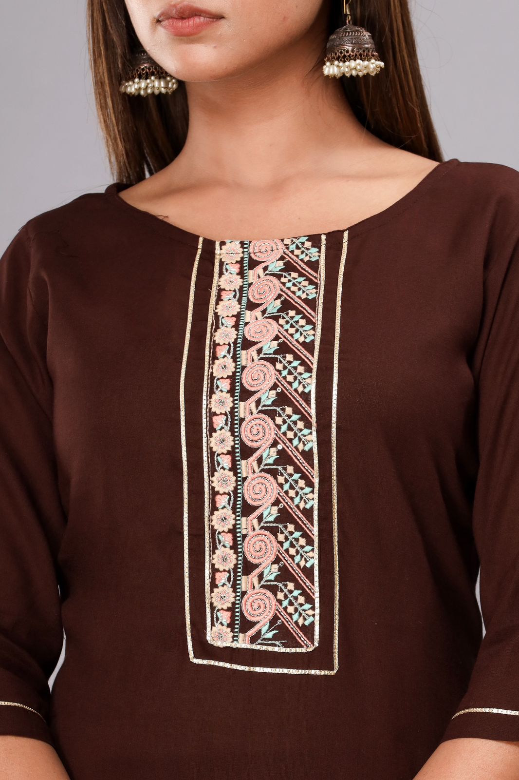 Brown Embroidered Kurta Set
