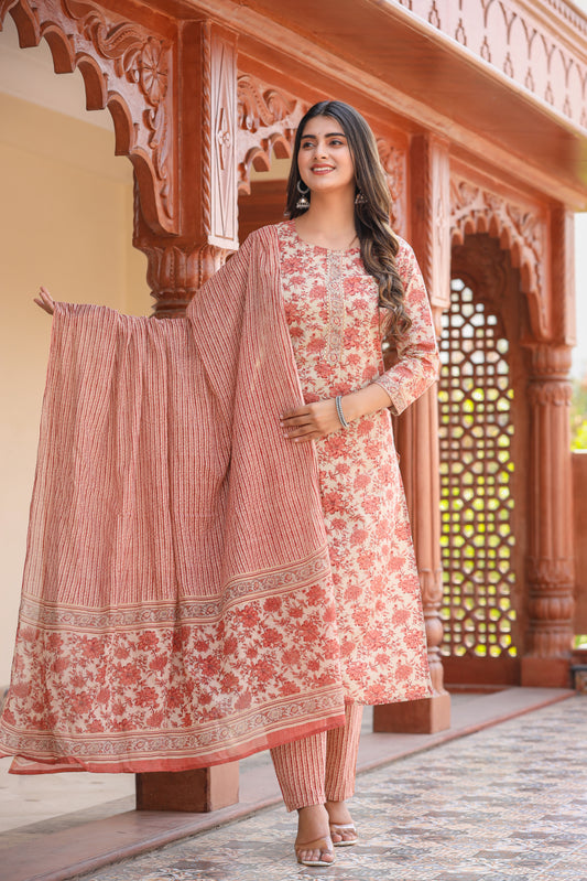 beige Printed Kurts Set