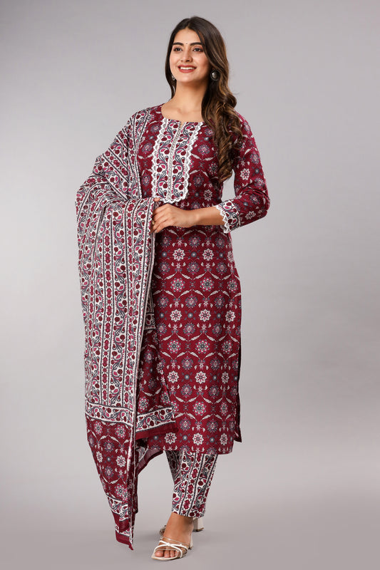 Wine Printed Kurta Set