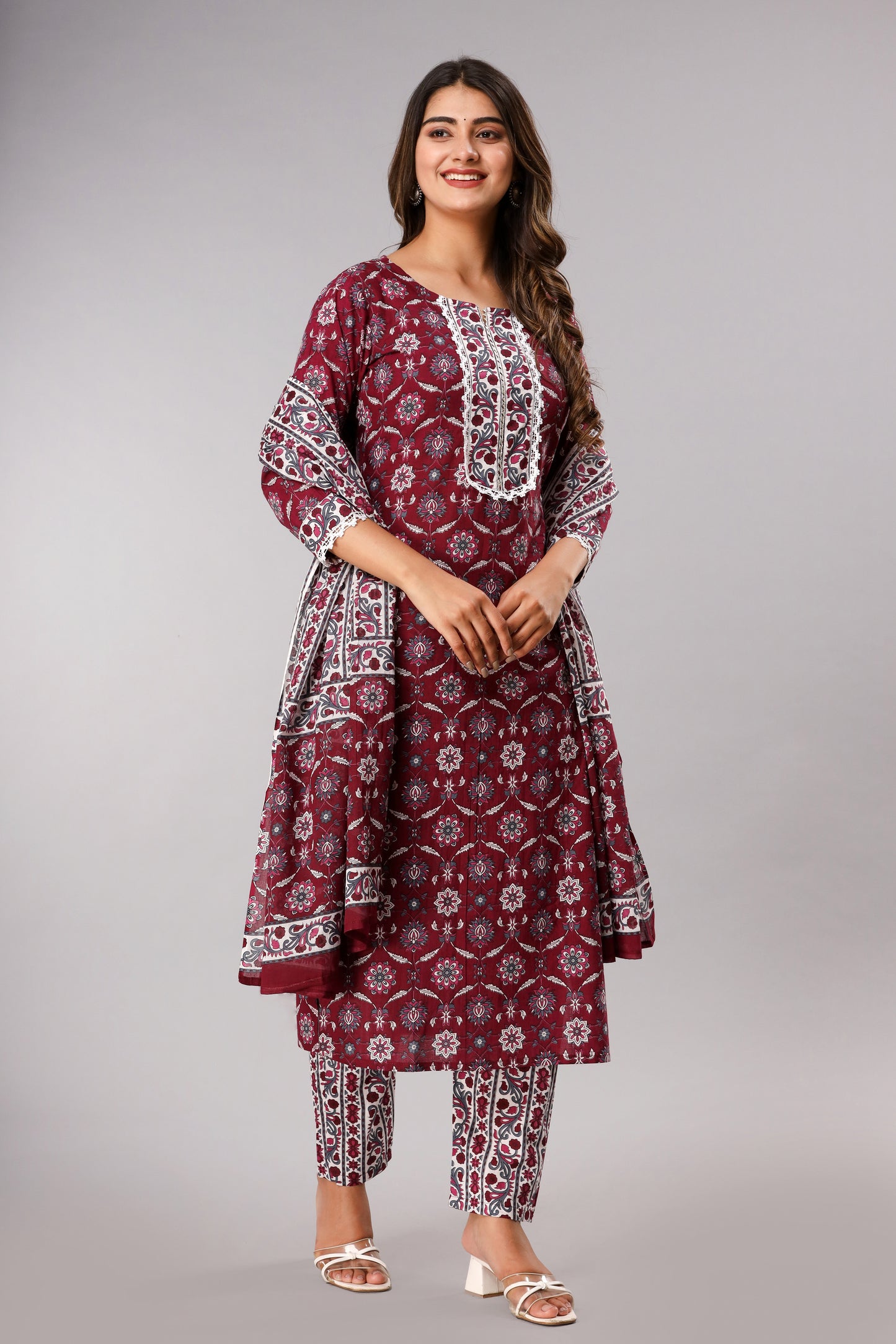 Wine Printed Kurta Set