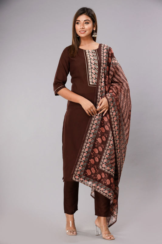Brown Embroidered Kurta Set